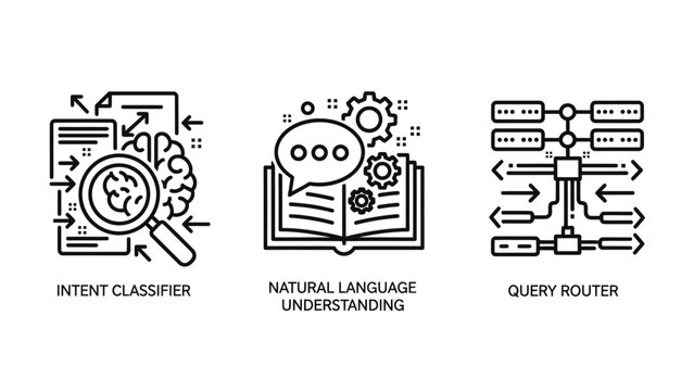 Artificial intelligence technical icons illustrating intent classification natural language understanding nlu intelligent query routing classifier language understanding artificial learning