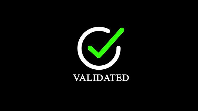 Validated checkmark icon animation with loading circle loop on black background, with 4k video animation.
