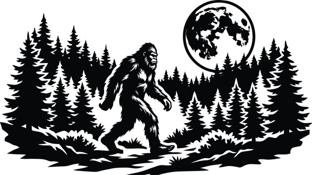 Bigfoot walking in a forest under a full moon