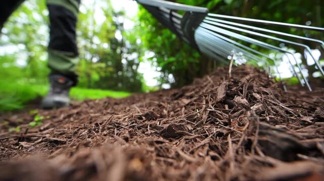 Landscaper raking fresh mulch around bushes in residential garden. Lawn care and yard maintenance work in suburban backyard during spring season. Close up shoot