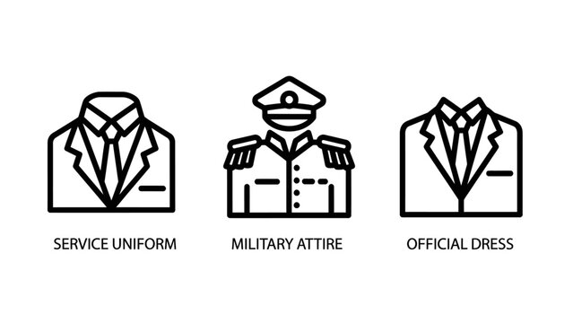 Professional clothing icons representing a service uniform blazer high-ranking military attire with epaulettes and a cap a formal official dress suit with a tie for corporate settings clothing