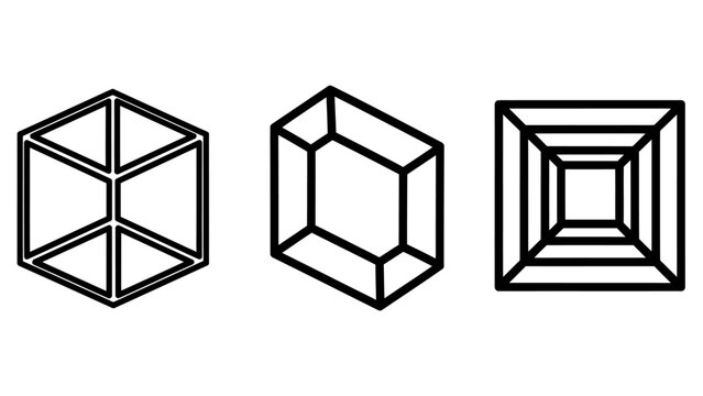Minimalist geometric wireframe shapes in linear outline style including a 3D cube a rectangular prism a perspective square tunnel design geometric wireframe perspective dimension geometry