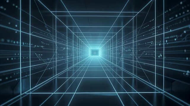Digital Tunnel with Glowing Grid Lines and Futuristic Circuit Pattern