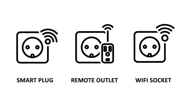 Smart home technology icons for smart plugs remote outlets wifi connected sockets automation technology electricity wireless connection internet electronic appliance isolated interface