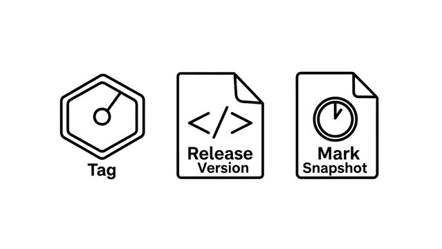 Development and software workflow icons representing tag release version mark snapshot with snapshot software development programming deployment milestone schedule engineering technical