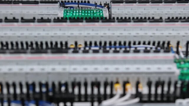 Circuit breakers to protect electrical loads from short-circuiting, installed in the electrical switchboard. Soft focus. 