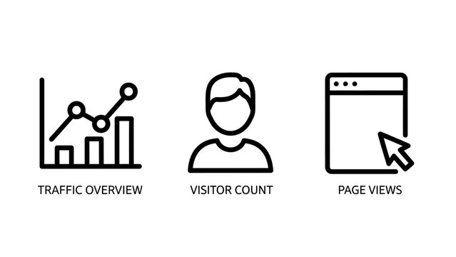 Website analytics and traffic metrics line icons set with analytics marketing business interface statistics performance counting monitoring analysis information management strategy