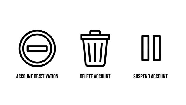 Account management icons set including deactivation deletion and suspension with deactivation management settings interface security maintenance software minimalist navigation restricted
