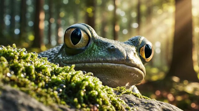 A captivating amphibian with large, expressive eyes peeks inquisitively from its moss-covered perch amidst the dappled sunlight filtering through a verdant, ancient forest where nature's beauty