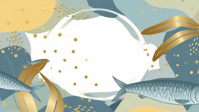 Abstract underwater illustration with swimming fish and golden seaweed. decorative marine artwork with soft pastel waves and floating movement.