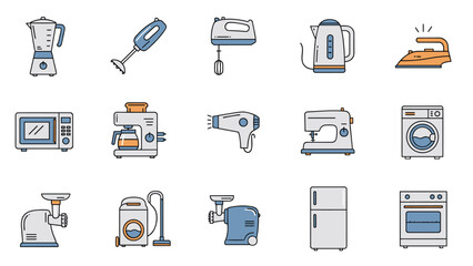 Fototapeta premium Comprehensive set of household appliance icons including blender, iron, microwave, washing machine, and refrigerator for web design.