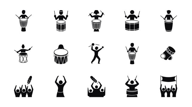 Set of 15 Black and White Drummer and Drum Icons Vector