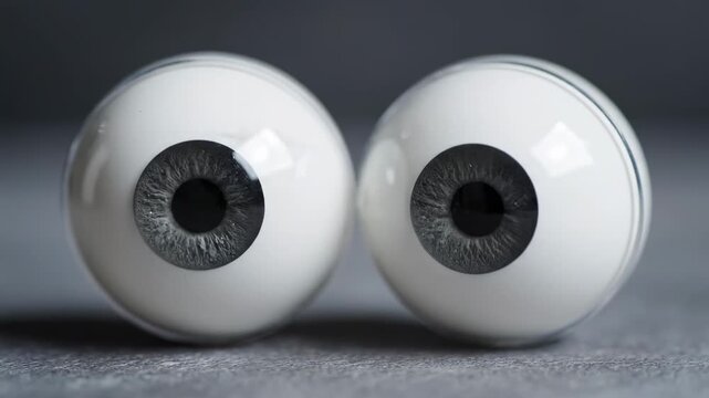 Two meticulously crafted prosthetic eyeballs with grey irises and black pupils are presented side by side, showcasing the uncanny realism in artificial ocular prosthetics used for visual