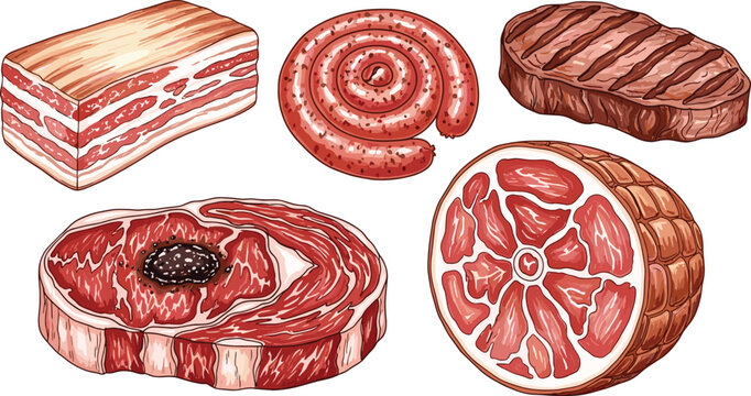 Vintage hand drawn sketch vector illustration set featuring smoked pork ham roasted beef steak bacon slab brisket block and coiled sausage isolated on transparent background