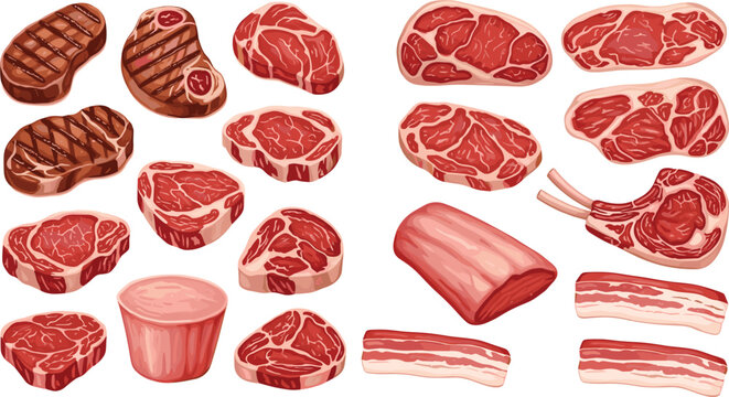 Realistic vector illustration bundle featuring mixed raw and grilled meat cuts including ribeye steaks pork chops bacon strips and tomahawk ribs isolated on transparent background