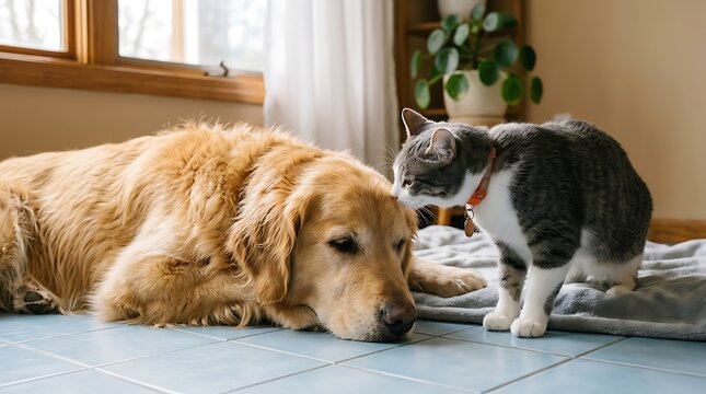 Golden retriever and tabby cat sniffing noses indoors