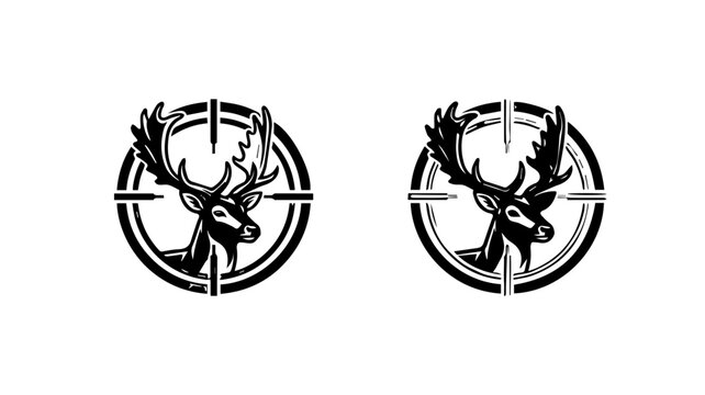 Hunting deer logo with rifle scope crosshairs, black and white buck head vector illustration, wilderness stag hunting club emblem set