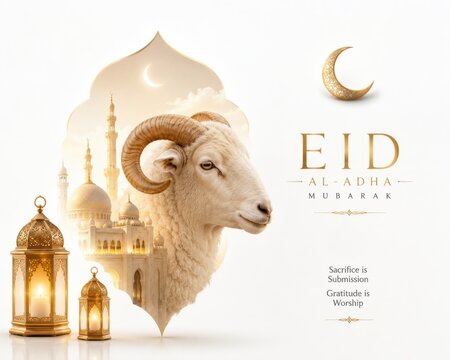 Eid al adha mubarak greeting card with ram and mosque isolated on white background