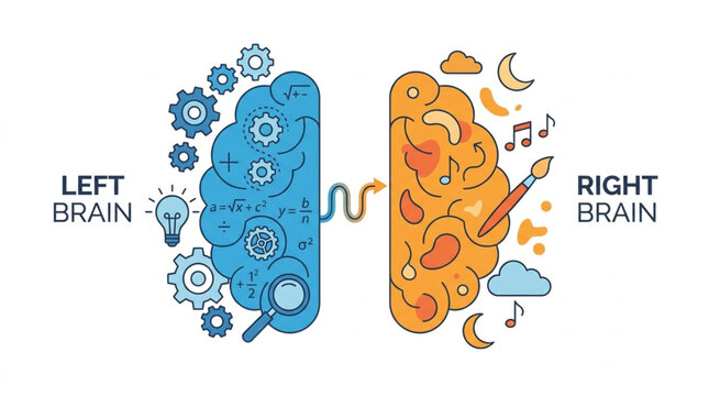 Left and Right Brain Hemisphere Functions Illustration.