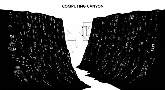 Digital landscape of a vast canyon filled with binary code, representing data flow and technology.