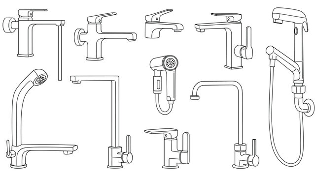 Technical line drawings of various modern bathroom and kitchen faucets including shower heads and pull-out sprayers for interior design.