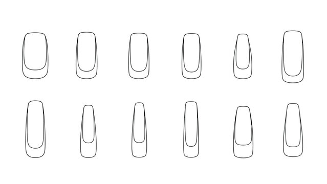 Informative grid showing twelve different fingernail shapes in a simple black outline style for manicure and nail art education.