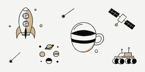 Cosmic adventure set with hand drawn space ship and satellite. © SarwarGfx