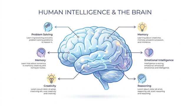 Human Brain Anatomy and Intelligence Functions Illustration.