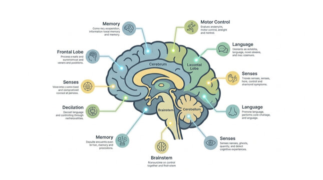 Human Brain Anatomy Diagram Showing Different Lobes and Functions.