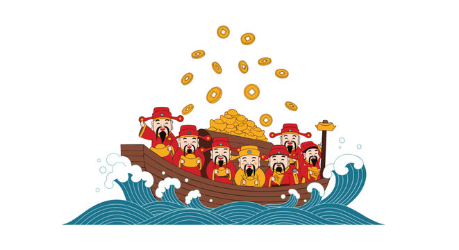 Traditional Japanese Seven Lucky Gods sailing on a treasure ship through ocean waves while gold coins fall from the sky.