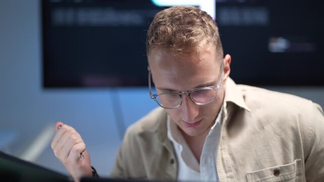 A software developer focusing on programming desktop computer monitors in a corporate office workspace while a colleague works in the background.