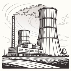 Obraz premium Hand drawn sketch of industrial power plant with cooling towers and chimneys