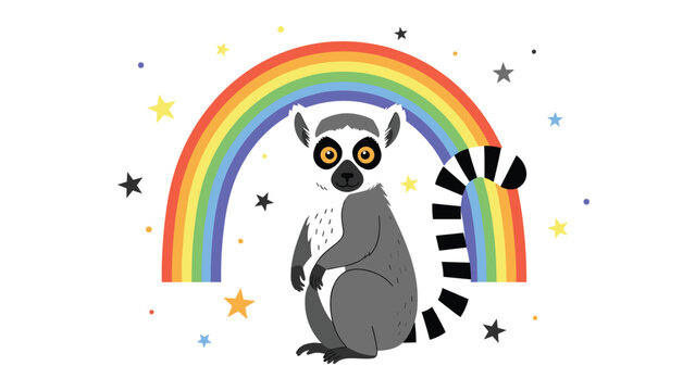 Cute ring tailed lemur sitting peacefully in front of a colorful rainbow arch surrounded by whimsical stars and dots.