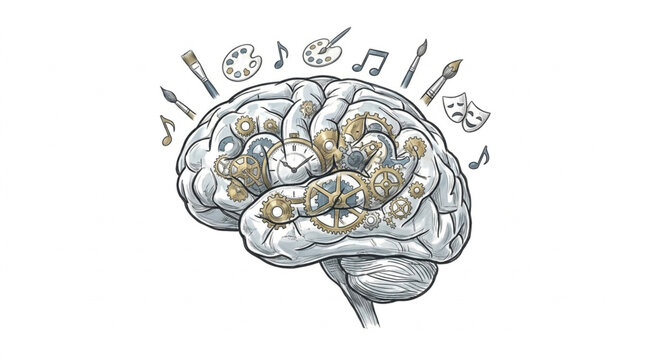 Human Brain with Musical Instruments and Notes Illustration.