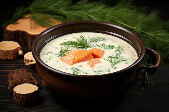 Brown ceramic bowl filled with finnish creamy salmon soup and dill on dark wood