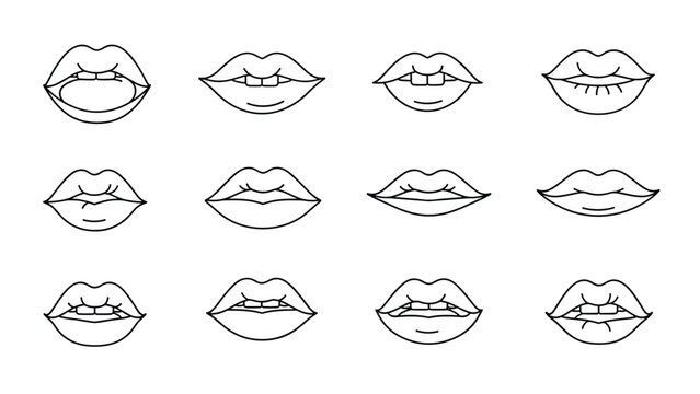 Set of twelve different human lip expressions and mouth shapes shown as simple black line drawings on a white background.