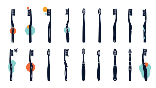 Assorted dark silhouettes of toothbrushes showing different handle designs and head shapes with colorful decorative dots.