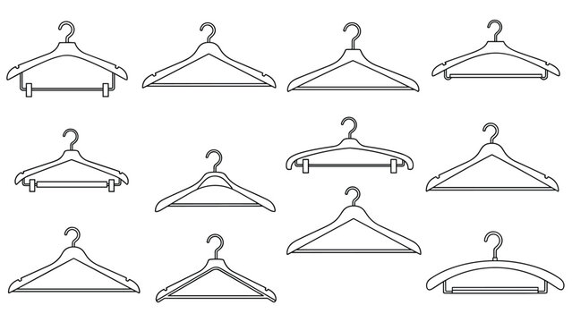 Collection of twelve different types of clothes hangers shown as simple black line drawings for wardrobe organization.