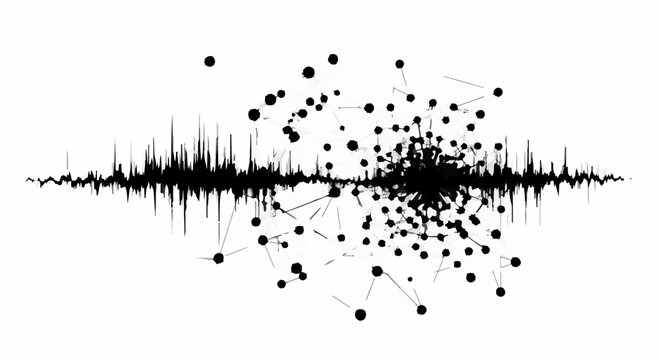 Abstract visualization of data network expanding from sound wave on white background