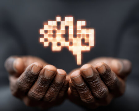 Artificial intelligence concept with large glowing pixel brain held by hands symbolizing language and LLM technology innovation