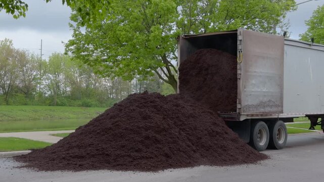 Truck unloading large pile of fresh mulch in neighborhood. Lawn care and garden maintenance service concept.
