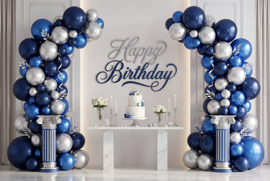 Happy birthday Elegant balloon arch Festive decor Luxury columns Cake and flowers Beautiful indoor celebration setting