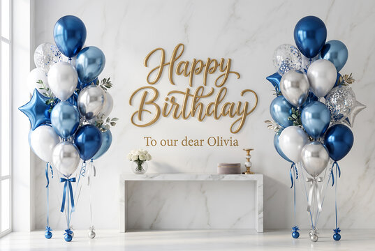 Happy birthday Olivia Luxurious balloon bouquet Elegant white table Festive celebration decor Special occasion greeting