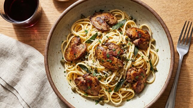 Fried chicken pieces with linguine pasta in creamy sauce on white plate dining table setting