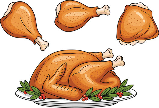 Whole roasted turkey on plate with green leaves and separate fried chicken drumsticks thighs vector illustration isolated on transparent background