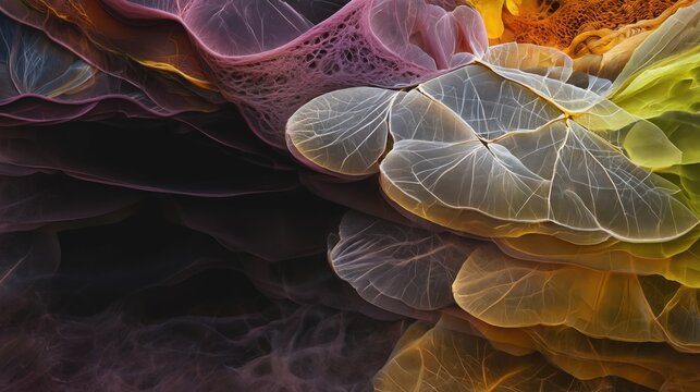 Abstract close-up 3D background with colorful organic fractal shapes, intricate textured details and solarized glowing effects