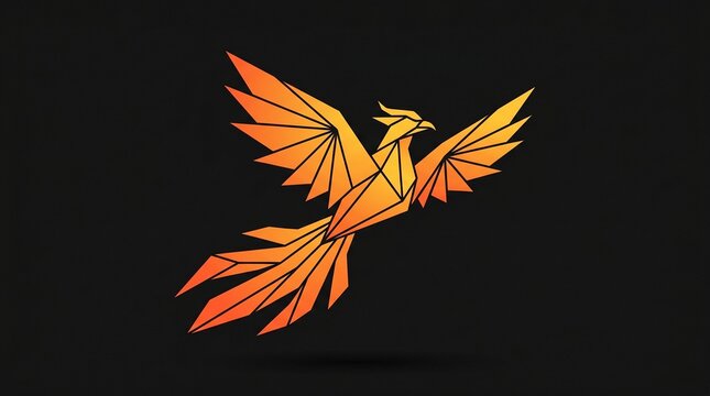 Minimalist origami phoenix bird icon with sharp geometric folds and warm orange gradient isolated on a dark background.