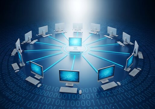 Network of computers connected in a circle with blue lines and binary code