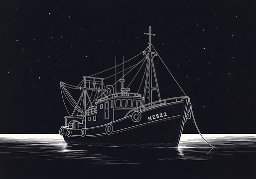 Illustrated fishing trawler sailing at night minimalist design starry sky backdrop