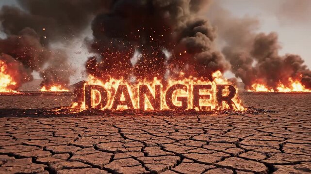 Embers ignite a scorching heat across cracked earth, forming the word DANGER amidst billowing smoke and intense flames, signifying peril and imminent risk in a desolate, parched landscape